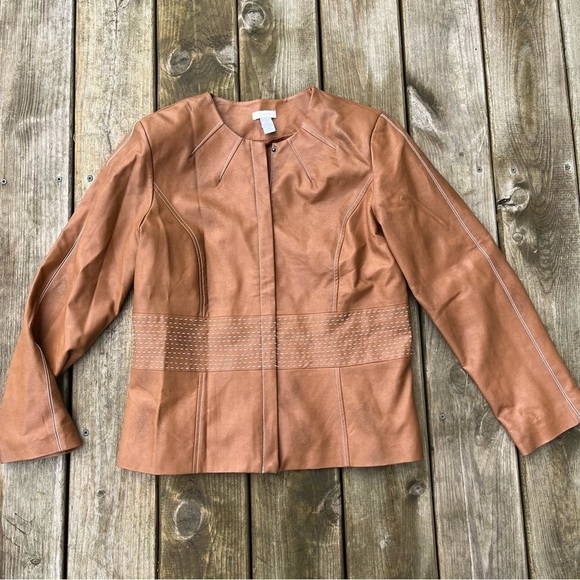 Chico's Faux Leather Tan Zip Up Jacket Blazer Size 1 Large - Picture 1 of 12